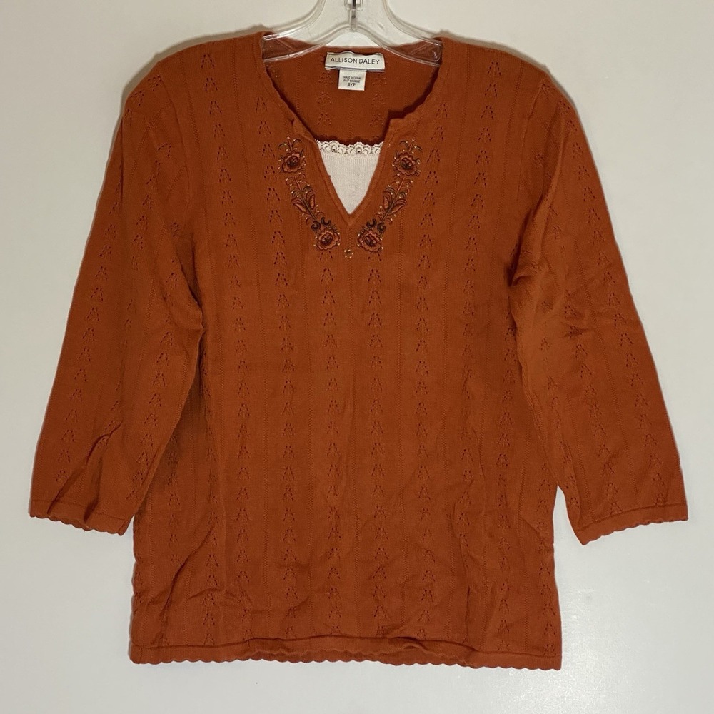 Allison Daley Top Womens Small Orange Split‎ Neck Eyelet Embroidered Pullover S